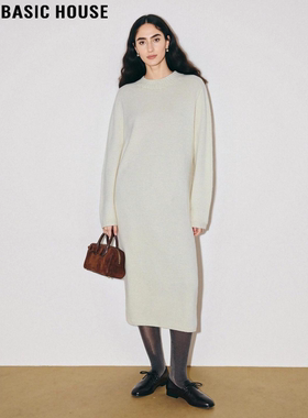 Basic House/百家好白色羊毛连衣裙女2026春季新款宽松软糯针织裙