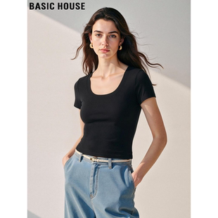 修身 Basic T恤女士夏季 百家好简约黑色U领短袖 显瘦弹力上衣 House