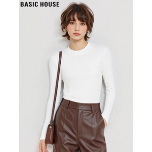 简约百搭弹力修身 百家好白色圆领T恤女春季 内搭上衣 House Basic