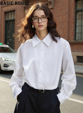 Basic House/百家好白色衬衫女士2026春季新款POLO领叠穿内搭上衣
