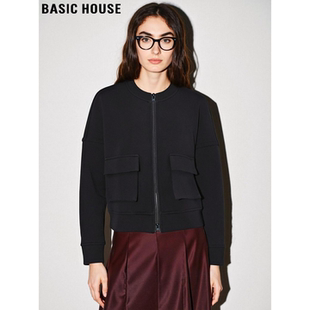 Basic House/百家好黑色棒球服女2026春季新款通勤风短款卫衣外套