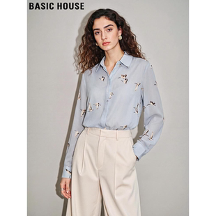 Basic House/百家好复古港风印花雪纺衬衫女2026春季新款长袖衬衣