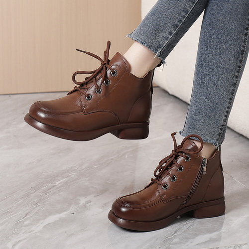 真皮短靴女休闲系带马丁靴