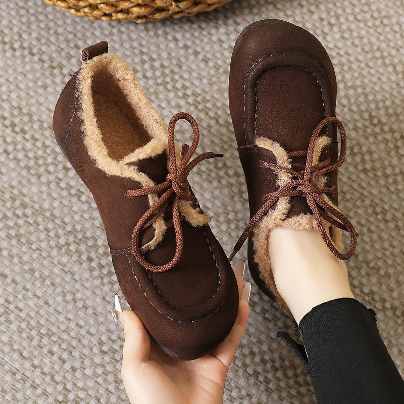 加绒单鞋女豆豆鞋2023新款冬季女鞋真皮复古勃肯鞋毛毛鞋大码棉鞋