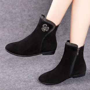 春秋冬靴子女磨砂皮短靴2025新款平底单靴真皮妈妈鞋加绒大码女鞋