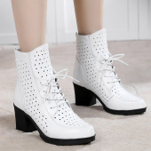 春秋单靴 2026百搭短靴粗跟英伦风马丁靴女鞋 真皮镂空女靴春季 新款