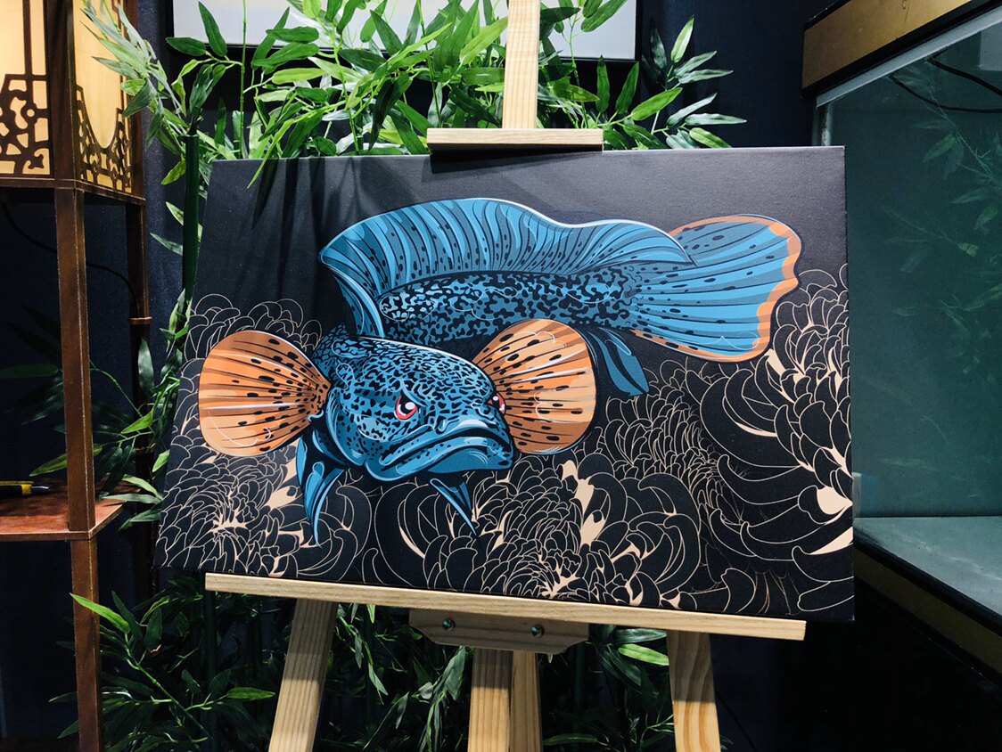 巴卡雷龙鱼画现代客厅办公室鱼缸墙壁眼镜蛇黄金喷绘无框装饰画