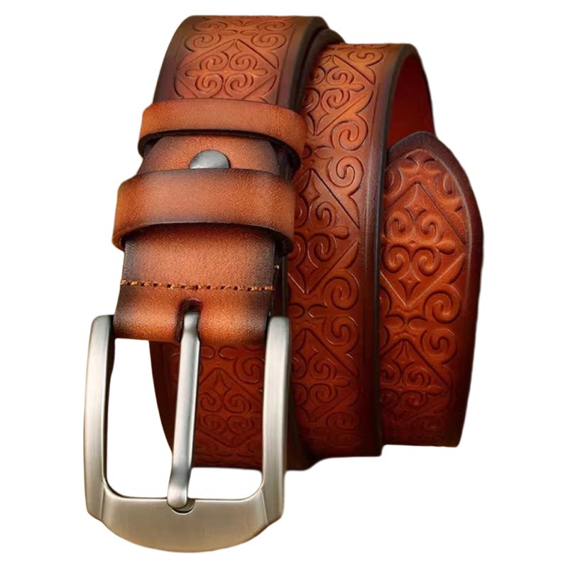 男女士通用皮带腰带民族风压花真皮蒙古风个性雕花3.8cm头层牛皮