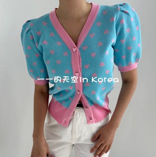 心形图案针织衫韩国代购2025年春夏女装新款可爱靓丽配色短袖开始