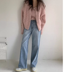 mocobling韩国代购正品2024春高腰宽松遮肉显瘦浅蓝色牛仔直筒裤