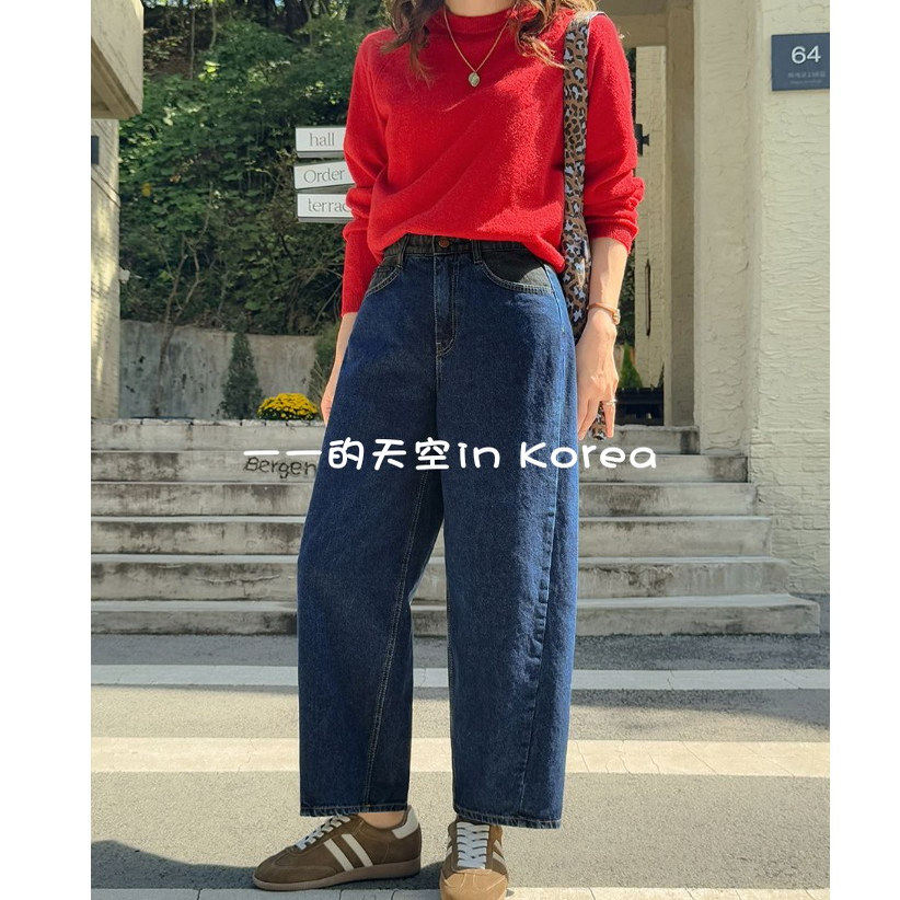拼接设计弯刀裤韩国代购正品2025秋冬新款时尚配色宽松显瘦牛仔裤