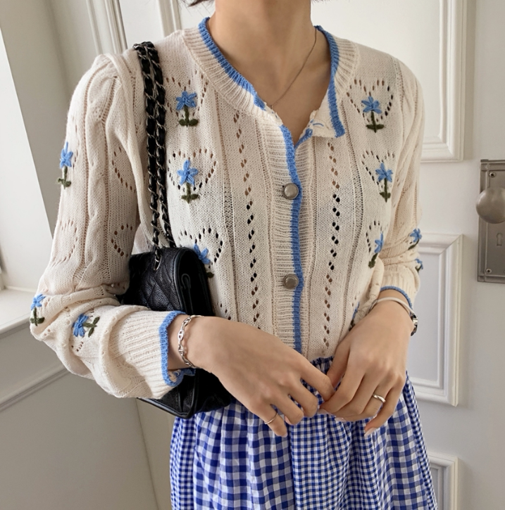 现 心形镂空花朵刺绣上衣韩版2024春女装田园小清新系扣针织开衫