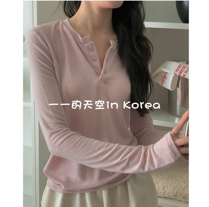 半开领系扣上衣 韩国代购正品2026春女装新款简约气质纯色长袖t恤
