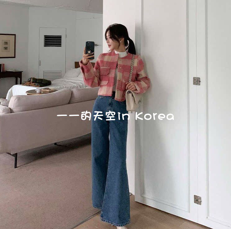 甜美格纹夹克韩国代购2025秋冬女装新款优雅温柔淑女短款毛呢外套