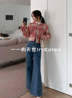 甜美格纹夹克韩国代购2025秋冬女装新款优雅温柔淑女短款毛呢外套