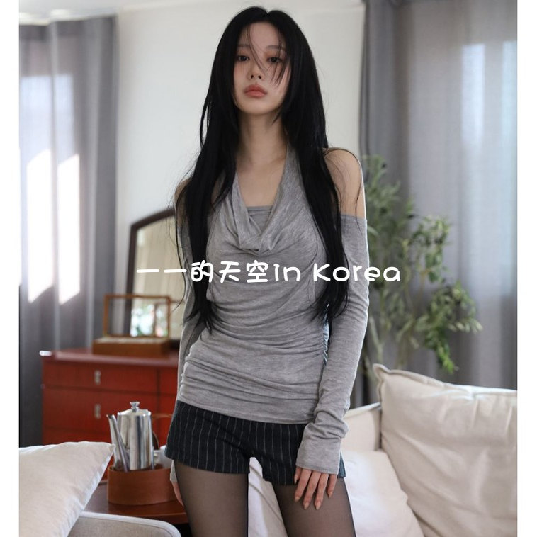 挂脖露肩时髦上衣韩国代购2025秋冬女装新款垂感褶皱弹力长袖t恤
