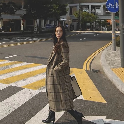 现 清仓韩国女装 经典复古风气质宽松长款外套格纹毛呢大衣