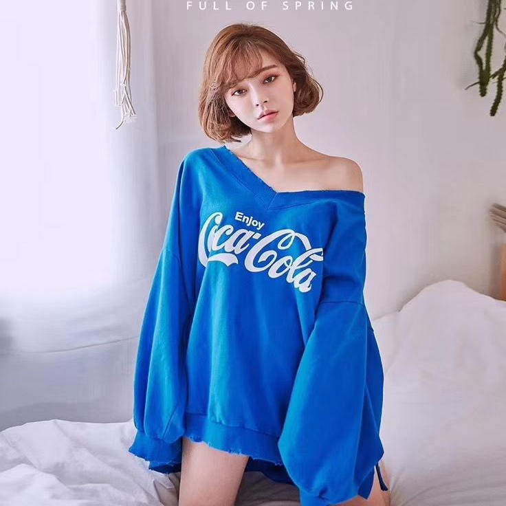 现韩国官网款宽松大版经典磨破设计oversize字母长袖v领卫衣女