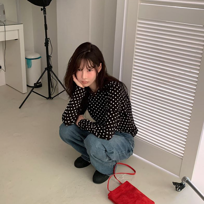 miu系少女风上衣韩国代购正品2025秋季女装复古波点假两件长袖t恤