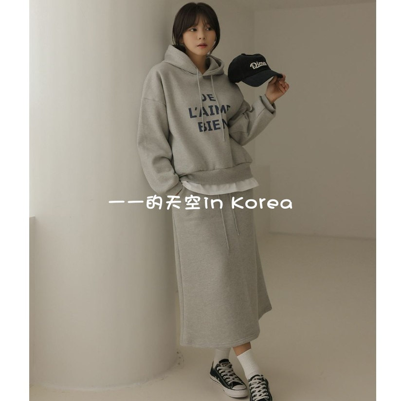 法语印花套装韩国代购正品2025秋冬新款加绒拼接连帽卫衣加半身裙