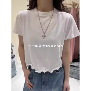 韩国代购tee 2026夏季女装新款 可爱独特褶边设计纯色短袖t恤