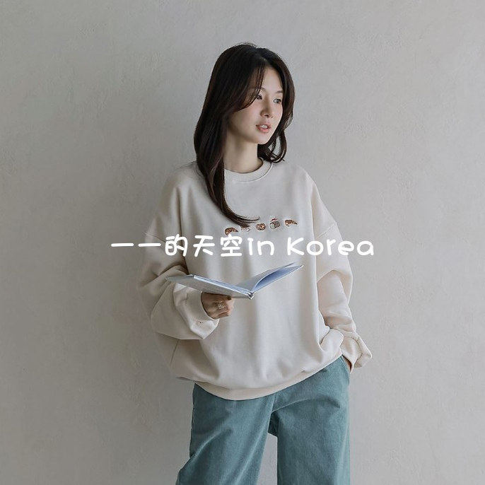 韩国代购卫衣2025冬季女装新款可爱面包刺绣图案大码宽松加绒上衣