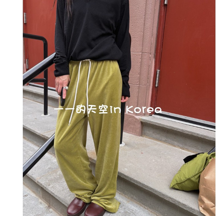 松弛感天鹅绒裤韩国代购2025秋冬新款系带松紧腰宽松百搭直筒裤女
