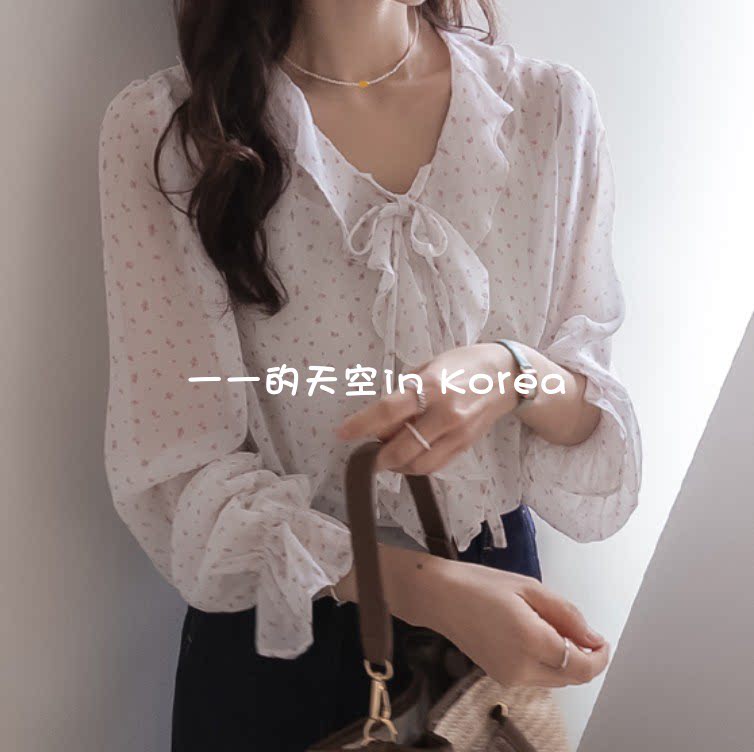 荷叶领小碎花衬衣韩国代购2026春季女装新款温柔浪漫系带长袖衬衫
