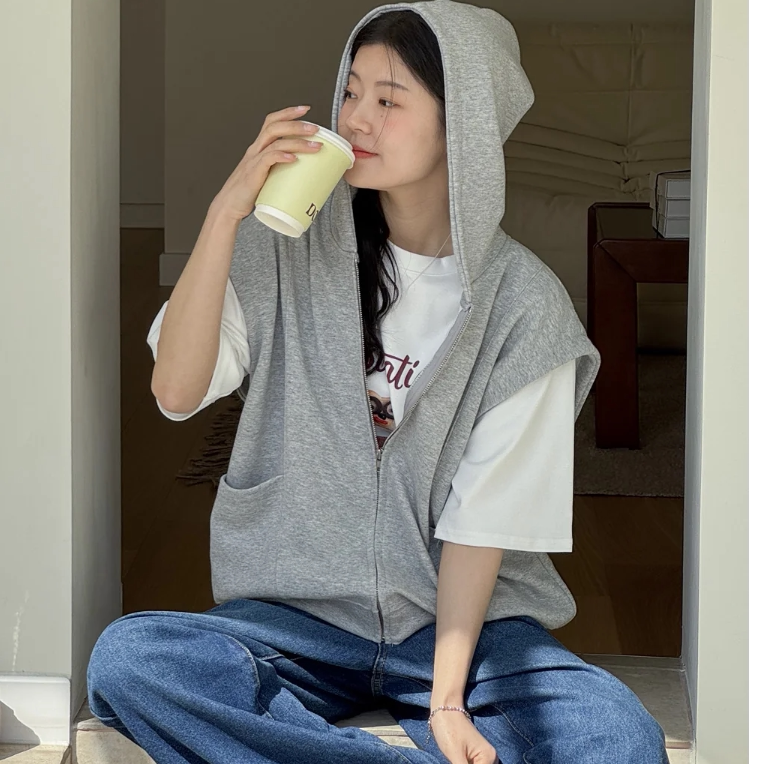 连帽宽松马甲韩国代购正品2025春夏女装新款大码休闲百搭拉链马夹
