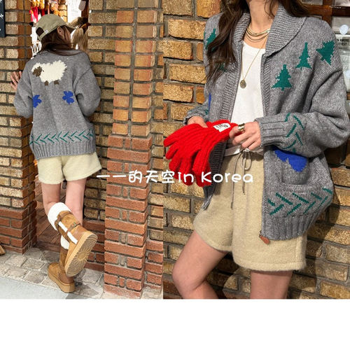 小羊图案开衫韩国代购2025冬女装新款复古可爱翻领宽松拉链针织衫