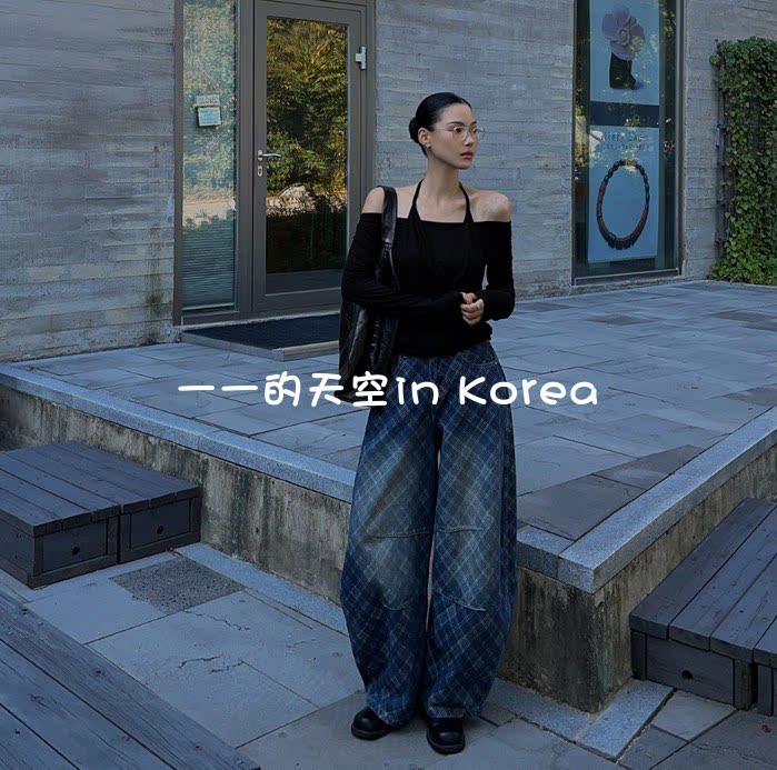 潮款格纹牛仔裤 韩国代购正品2026秋季新款都市风宽松弧形长裤女