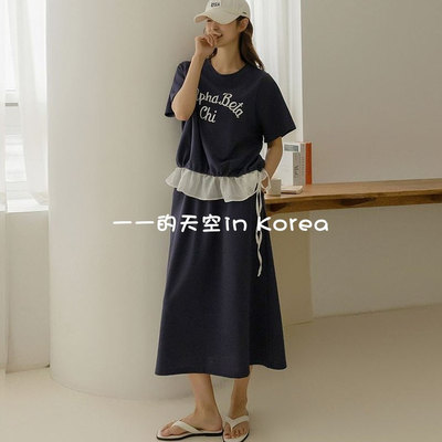韩国代购套装 2025夏新款时尚可爱休闲拼接褶边短袖t恤加半身长裙