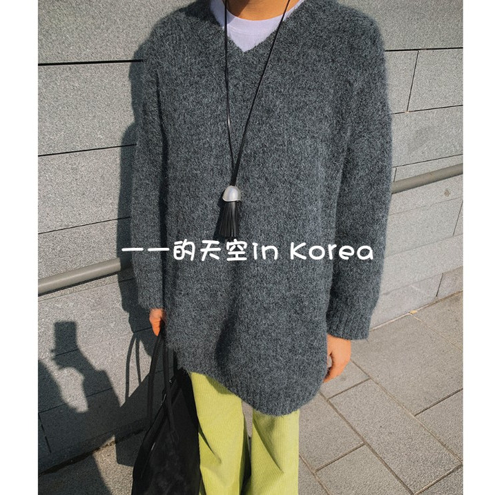 简约v领毛衣韩国代购2025秋冬女装新款含羊毛纯色宽松百搭针织衫