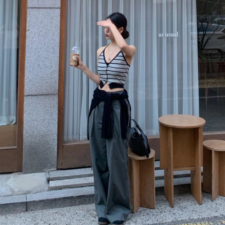 性感挂脖吊带 韩国代购正品2025夏季新款度假风露背条纹短款上衣