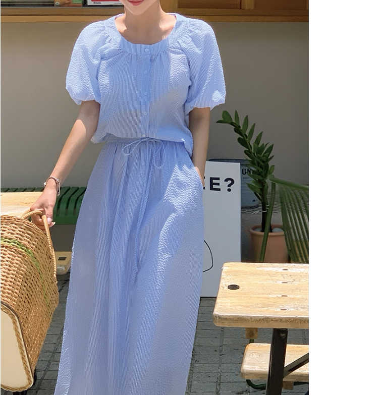 小清新两件套韩国代购2023夏新款少女风竖条纹短袖衬衫半身裙套装