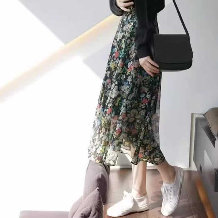 现 清仓韩国春夏浪漫风小碎花色松紧腰雪纺裙半身长裙