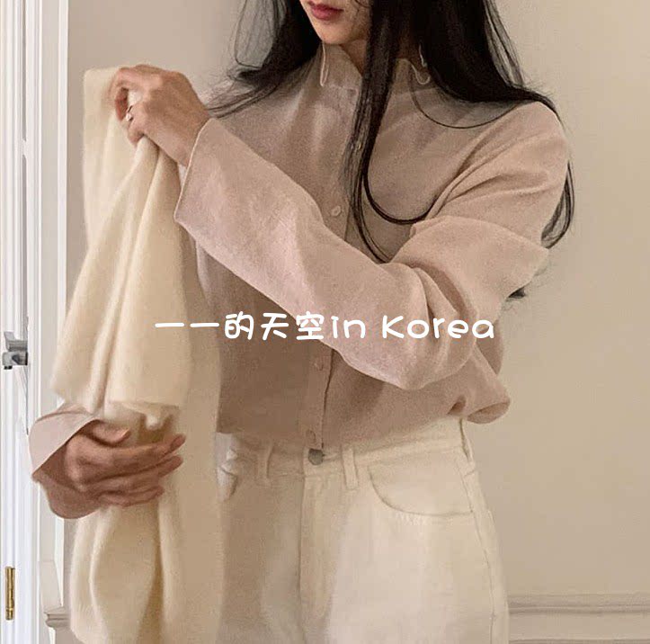 前后两穿衬衣韩国代购2025春季女装褶皱温柔淑女系扣高领长袖衬衫