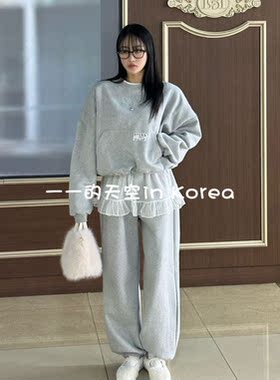 可爱休闲套装女韩国代购2025冬季新款加绒宽松长袖卫衣加蕾丝卫裤