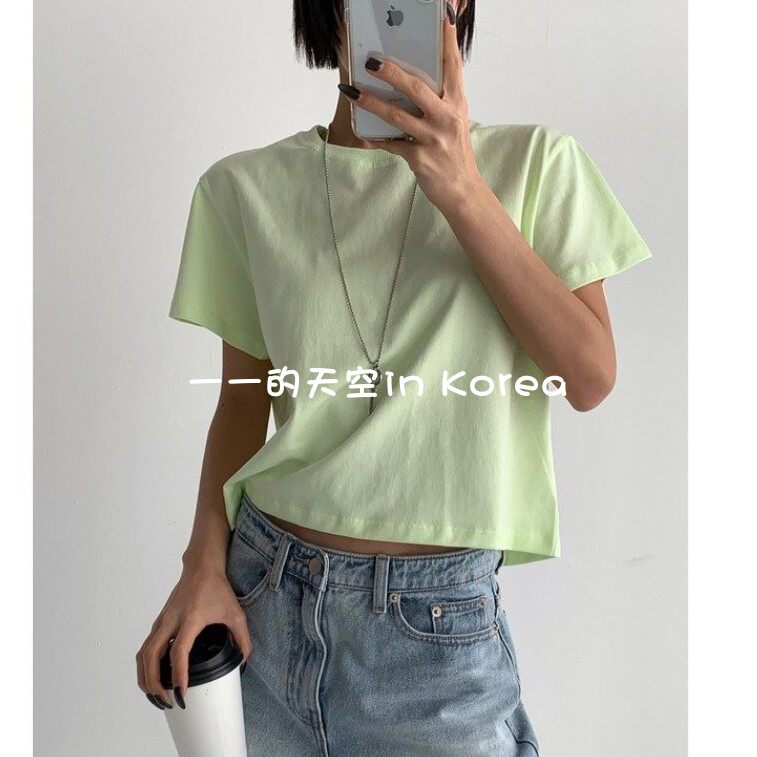韩国代购纯色tee 2026春夏女装新款纯棉百搭圆领短款宽松短袖t恤