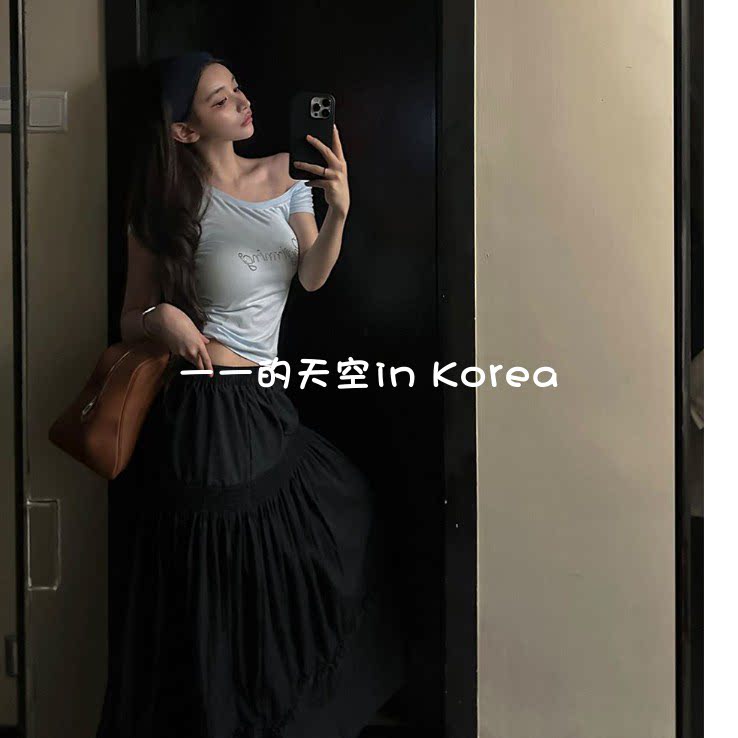甜辣风露肩tee韩国代购东大门2025春夏修身短款弹力字母短袖t恤女