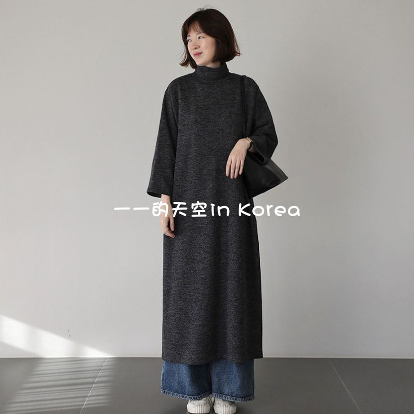 高领针织裙韩国代购正品2025秋冬女装长款气质纯色宽松显瘦连衣裙