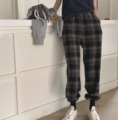 现货mocobling韩国正品代购女装秋冬 抽绳束脚厚格纹宽松直筒长裤