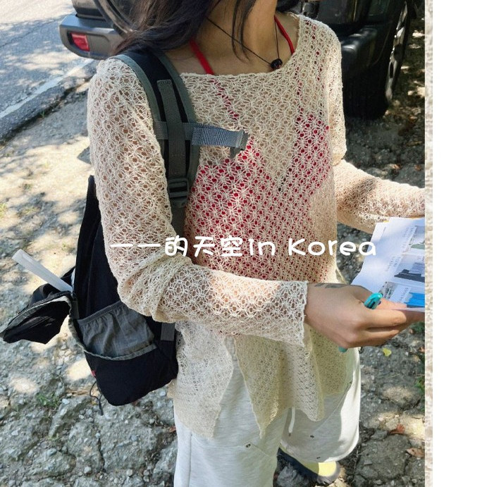 韩国代购罩衫2025夏季女装新款时尚侧开叉镂空透气宽松长袖针织衫