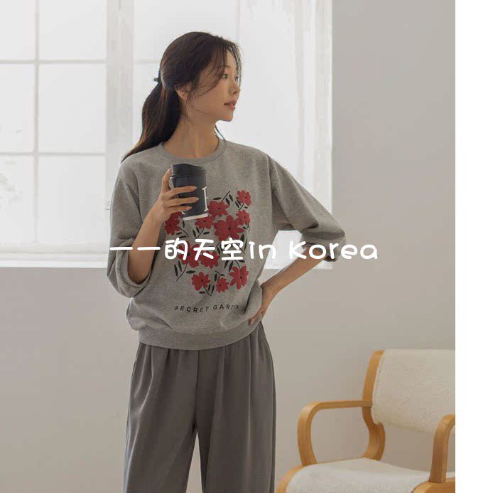 韩国代购卫衣2026春季女装新款浪漫艺术感花朵图案宽松七分袖上衣