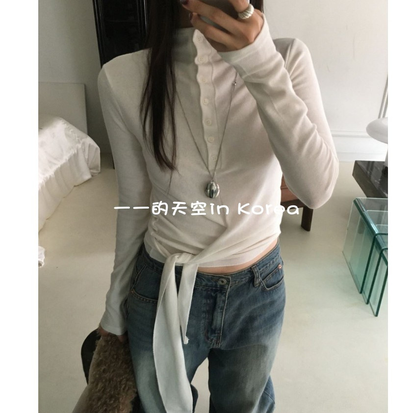 独特系扣设计上衣韩国代购东大门2025秋冬女装新款半开领系扣t恤