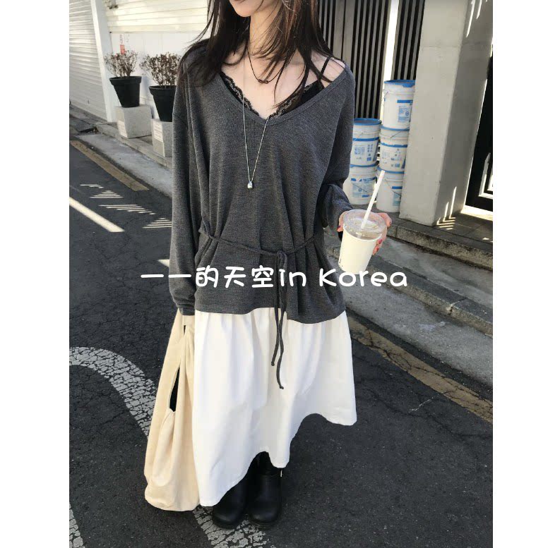 大v领慵懒风上衣 韩国代购正品2026春季女装新款宽松系带长袖t恤