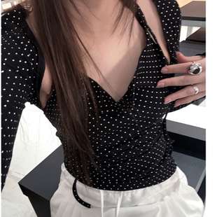 洋气波点套装韩国代购2025夏季新款短款开衫加挂脖系带吊带两件套