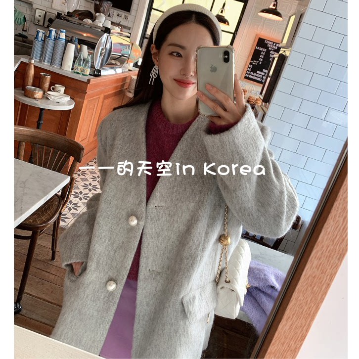 精致毛呢外套韩国代购2025冬女装新款优雅裤宽松珍珠纽扣羊毛大衣