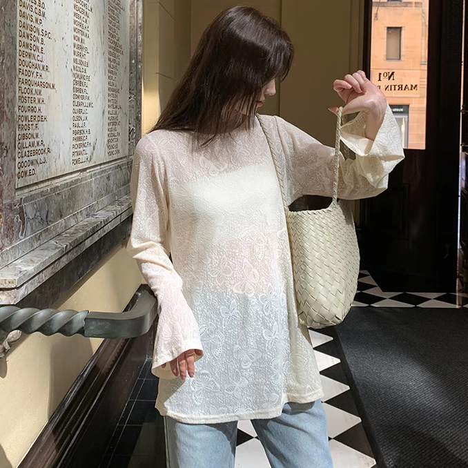 迷人蝴蝶图案上衣 韩国代购2025夏季女装薄款透视浪漫防晒长袖t恤