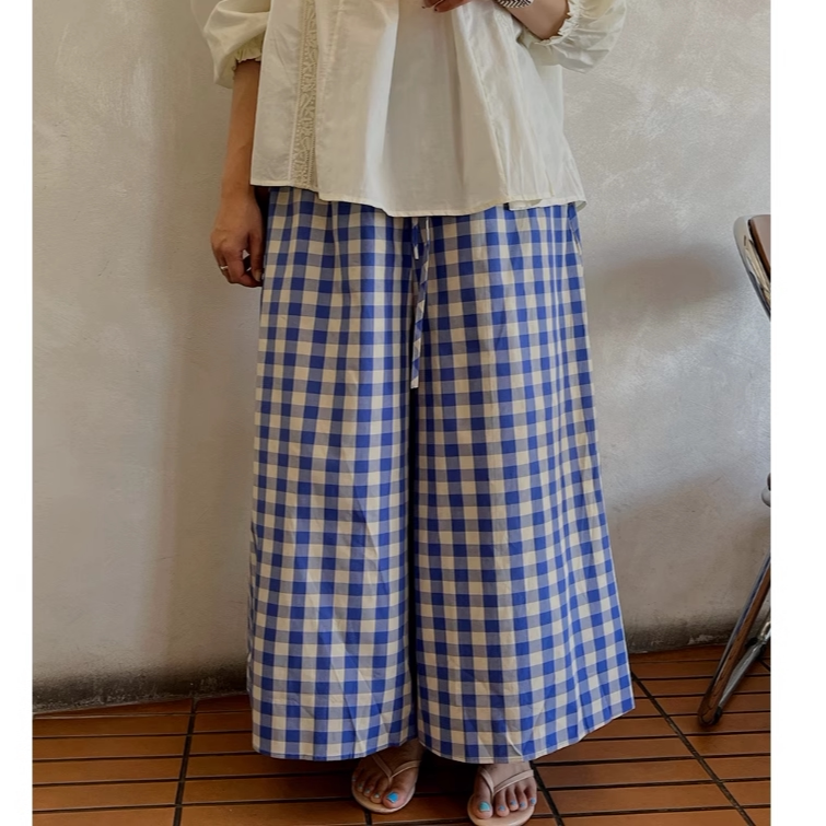 松弛感格子裤韩国代购2025夏季新款松紧腰慵懒风宽松显瘦阔腿裤女